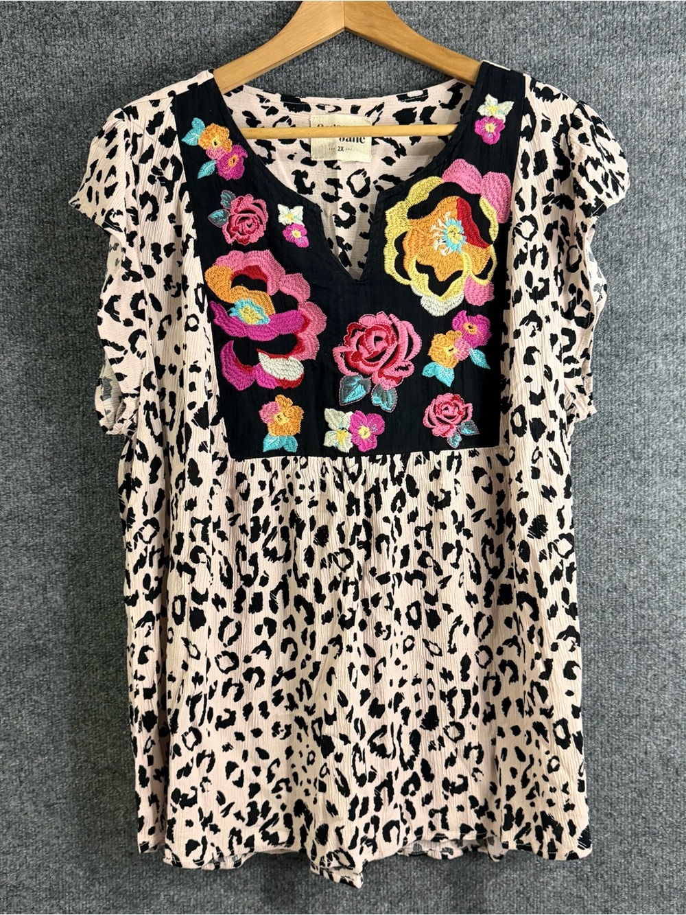 Savanna Jane Womens 2X Leopard Floral Embroidered Top Short Sleeve Boho Blouse